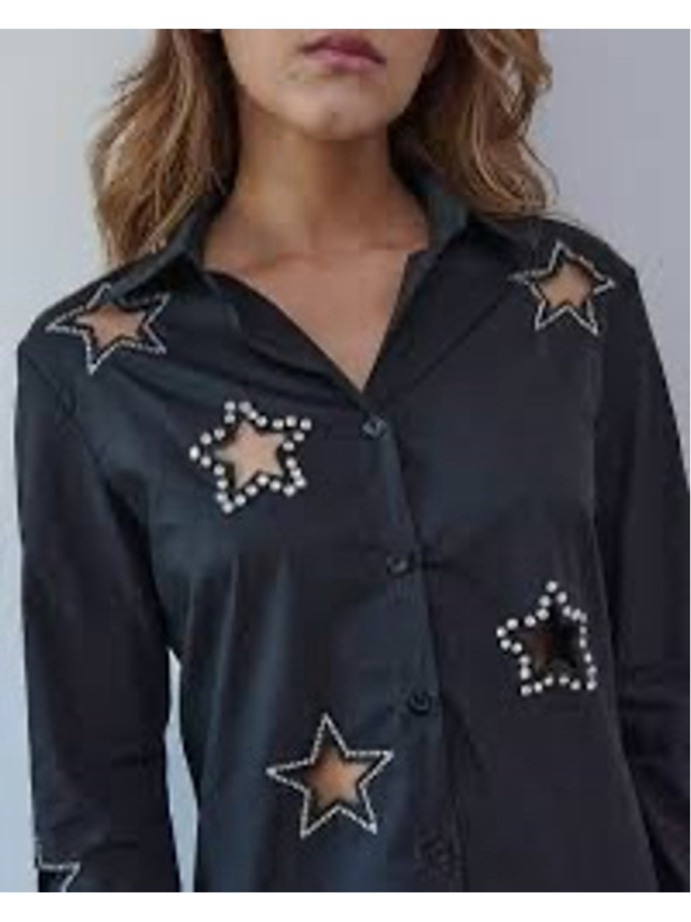 Muy Muy Black Button Down Shirt with Star Cutouts & Rhinestones Size XL NWT